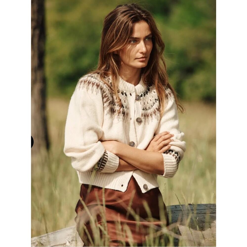 Doen Clarke Wool Alpaca Button Cardigan Knit Sweater Oatmeal Fair Isle Cream